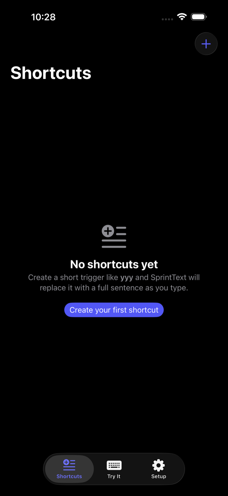 The SprintText app on iPhone, Shortcuts tab, empty state reading “No shortcuts yet” with a Create your first shortcut button and a tab bar showing Shortcuts, Try It and Setup.