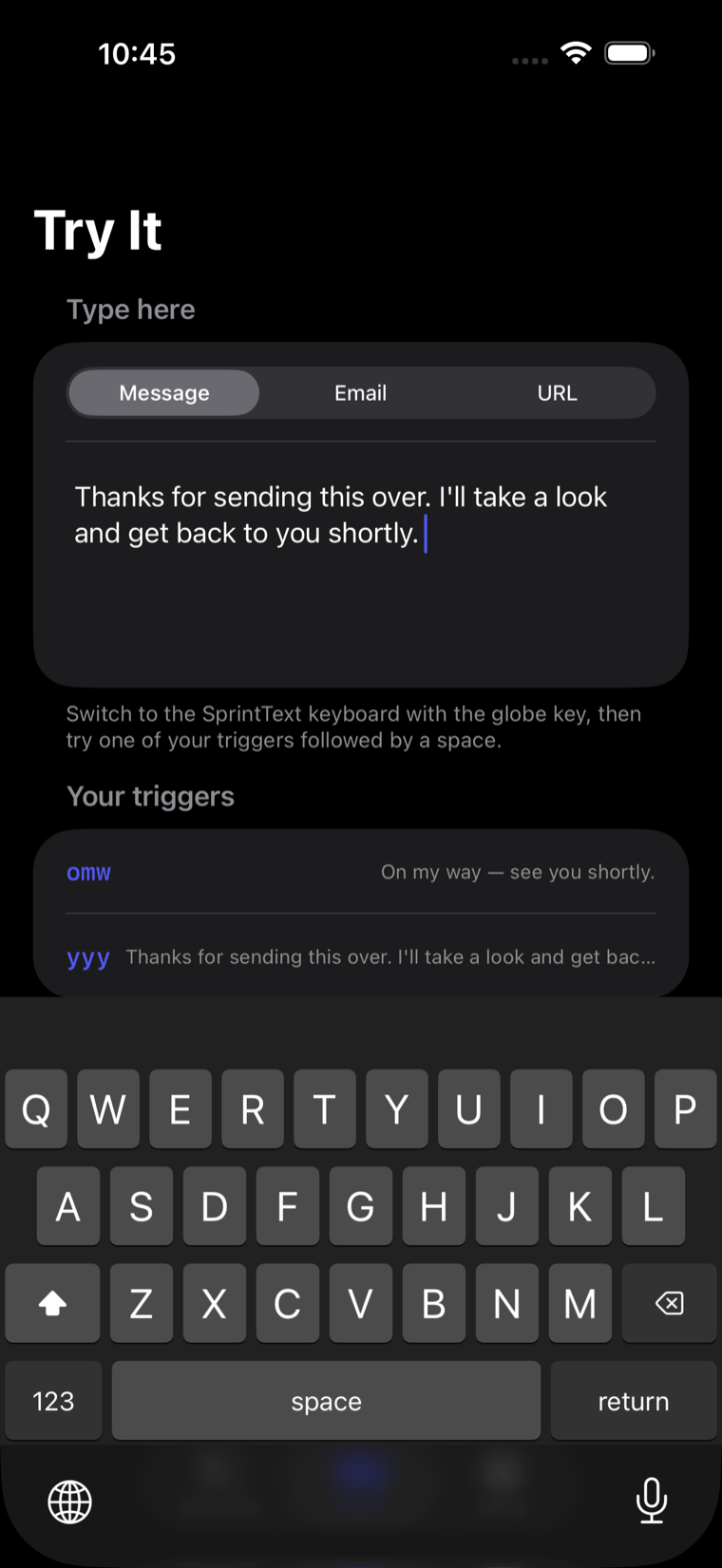 An iPhone message field containing the sentence “Thanks for sending this over. I’ll take a look and get back to you shortly.” produced by expanding the trigger yyy.