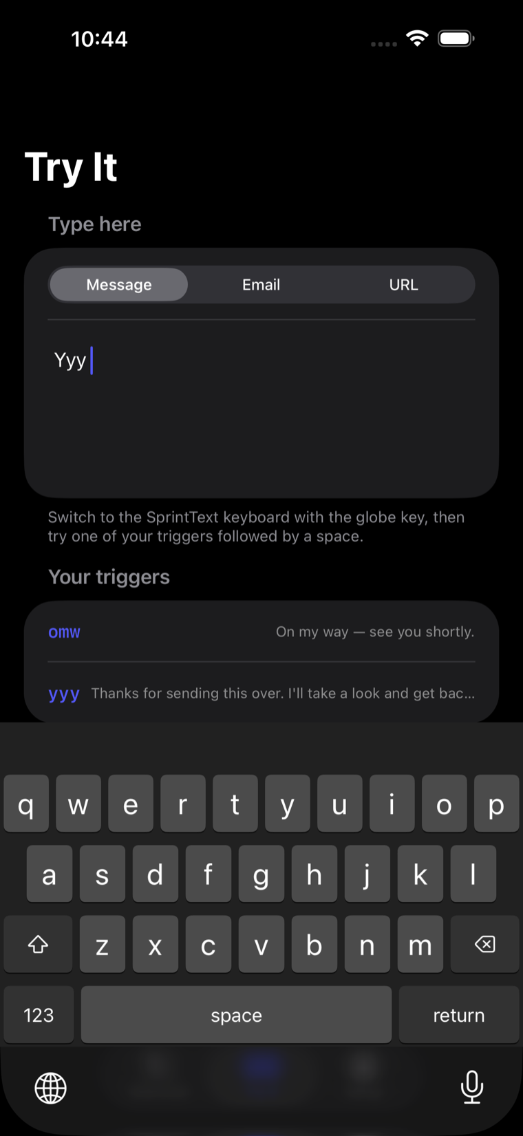 An iPhone message field showing the literal text “Yyy ” after an expansion was undone with a single backspace.