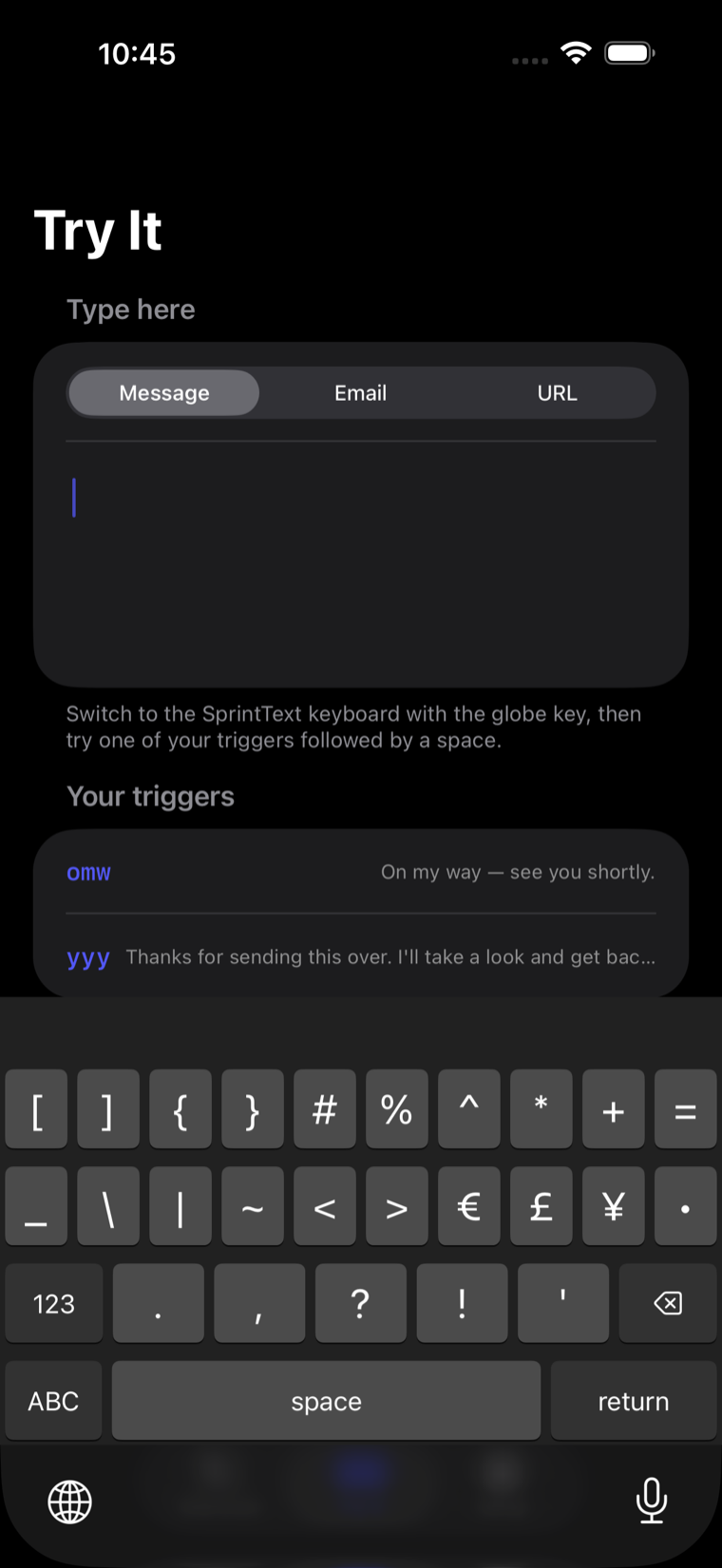 The SprintText keyboard symbol layout on iPhone, showing bracket, currency and mathematical symbol keys.